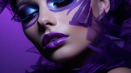 A model with a neo-gothic look using deep purple and black powder makeup, focusing on the eyes and lips