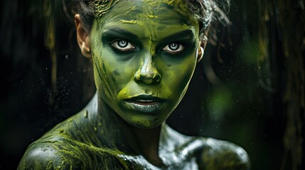 Model's face adorned with green powder makeup, invoking a natural forest feel
