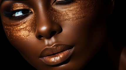 Model's face shimmering in bronze powder makeup, emphasizing a metallic look