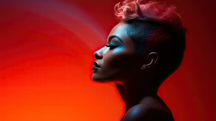 Profile view of a model with powder makeup in a gradient, transitioning from red to orange