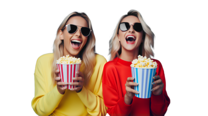 Cute excited Two young women dressed in colorful outfits watching a movie and holding popcorn. Isolated on Transparent background.