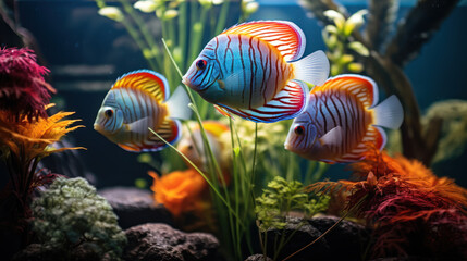 Fototapeta na wymiar Aquarium fish Discus swim among algae and stones, corrals and underwater plants in an aquarium