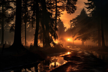 Mystical mysterious fog in the forest at sunset