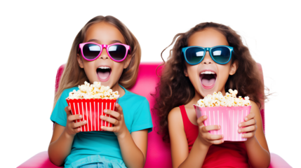 Cute excited Two young women dressed in colorful outfits watching a movie and holding popcorn. Isolated on Transparent background.