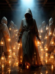 a mystical plot with a man in a cloak with a hood.among the pyramidal levitating lamps.  - obrazy, fototapety, plakaty