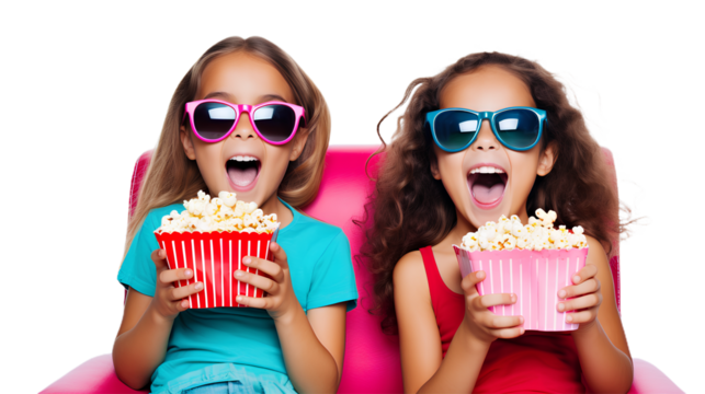 Cute excited Two young women dressed in colorful outfits watching a movie and holding popcorn. Isolated on Transparent background. - Powered by Adobe