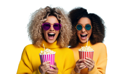Cute excited Two young women dressed in colorful outfits watching a movie and holding popcorn. Isolated on Transparent background.