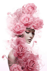 double exposure style beauty shot of a beautiful woman on a white background and pink roses, skin care serum concept