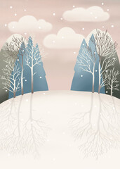 Winter snow woodland nature landscape illustration for Christmas holiday greeting card or postcard. Nordic fairy tale forest with tree, pine, hills and copy space in pink blue blush colors
- 660055546
