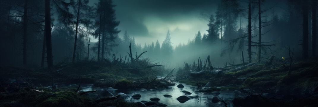 Mystical mysterious fog in the forest at sunset, banner