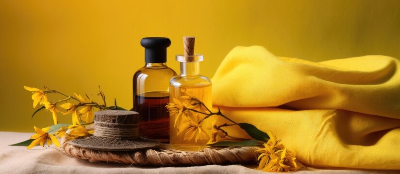 Witch Hazel Products displayed on a towel With copyspace for text