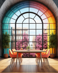 A very bright and colorful room with colored chairs and a table, an arched window and living plants, a fashionable stylish interior