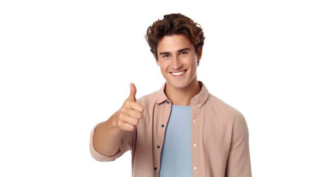 happy young man giving thumbs up gesture. Isolated on Transparent background.