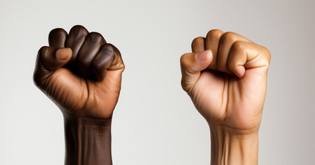 AFRICAN AMERICAN MAN'S FIST RAISED UP ISOLATED ON WHITE BACKGROUND. image created by legal AI - obrazy, fototapety, plakaty