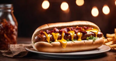 Food photography of delicious hotdog topped with melted cheese, big sausage, onions, well grilled bacon, mustard, dripping red chili relish, toasted buns, copy space