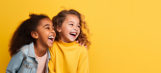 TWO LITTLE GIRLS OF DIFFERENT NATIONALITIES LAUGHING ON A YELLOW BACKGROUND, HORIZONTAL IMAGE. image created by legal AI
