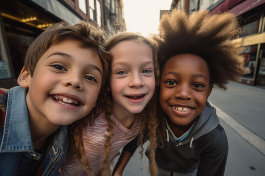 Grupo de amigos preadolescentes divirti&eacute;ndose en la calle. 