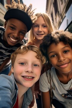 Grupo de amigos preadolescentes divirti&eacute;ndose en la calle. 