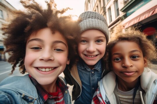 Grupo de amigos preadolescentes divirti&eacute;ndose en la calle. Multirracial. Selfie. 