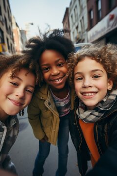 Grupo de amigos preadolescentes divirti&eacute;ndose en la calle. 