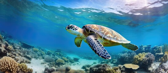 Underwater photographs of swimming sea turtles in a vivid shallow blue tropical ocean capturing the aquatic life and scenic seascape With copyspace for text - obrazy, fototapety, plakaty