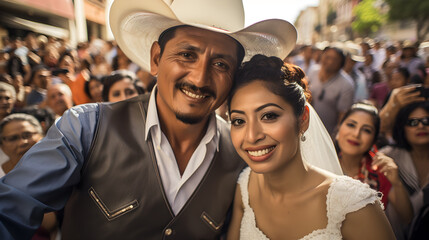  boda mexicana de pueblo novios latinos el con sombrero y ella con clásico vestido de novia entre multitud de gente latina  - obrazy, fototapety, plakaty
