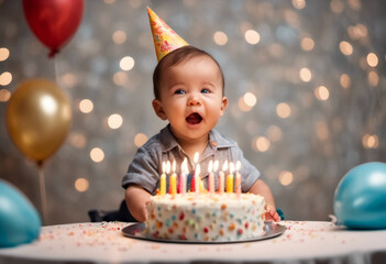 Un bimbo speciale, festa con torta e cappellino, A special baby, party with cake and bonnet