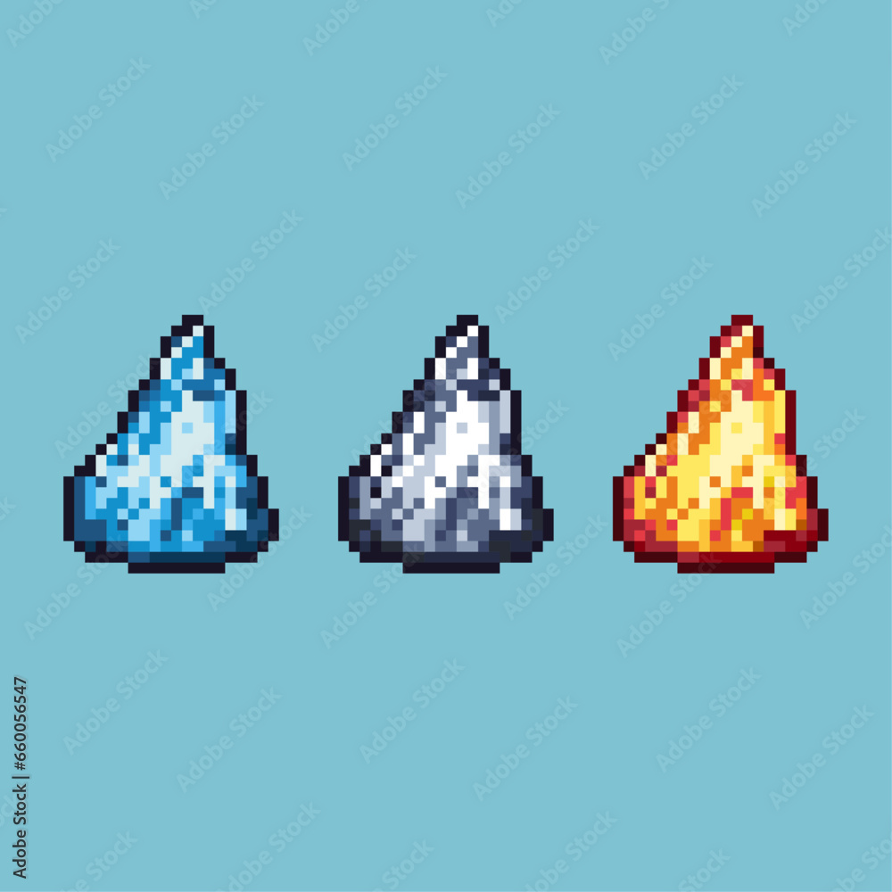 Poster pixel art sets of gold,blue,and silver material gemswith variation color item asset on pixelated sty