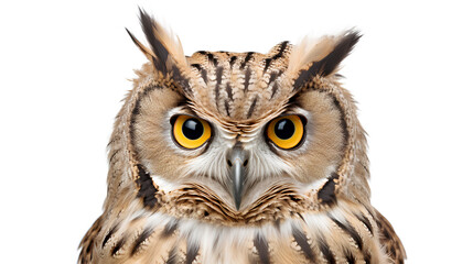 A close up of a european eagle owl perched on a post and staring forward. the eyes are penetrating the viewer. Isolated on Transparent background.