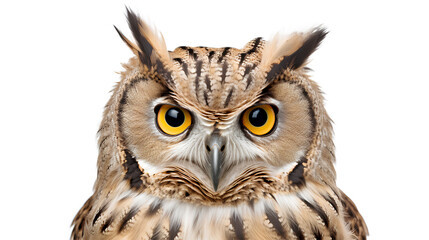 Obraz premium A close up of a european eagle owl perched on a post and staring forward. the eyes are penetrating the viewer. Isolated on Transparent background.
