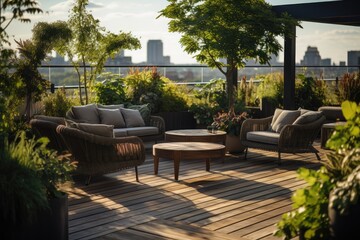 Urban rooftop garden with various plants and seating areas, capturing sustainable living in the city - AI Generated