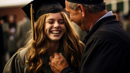 At a school graduation ceremony, a military dad surprises his daughter by returning home early, her tearful smile reflecting the sheer happiness of the moment.  - obrazy, fototapety, plakaty