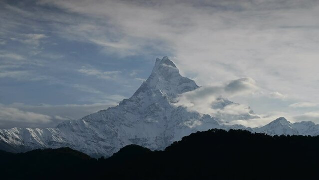 4K Time lapse of Beautiful Mountain View of Machapuchare peak or Fish tail peak, the most famous peak in Pokhara view from Mardi Himal trek, Annapurna range in Pokhara, Nepal, Asia, Footage timelapse
