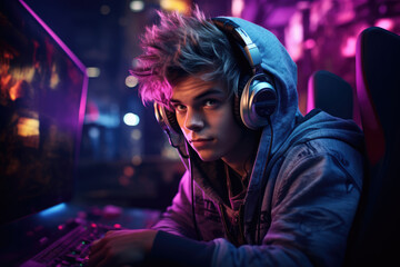 Fototapeta na wymiar Gaming Teenager, Portrait of a Young Teenager Engrossed in a Gaming Session - AI Generated