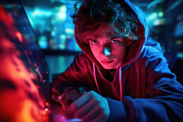 Gaming Teenager, Portrait of a Young Teenager Engrossed in a Gaming Session - AI Generated
