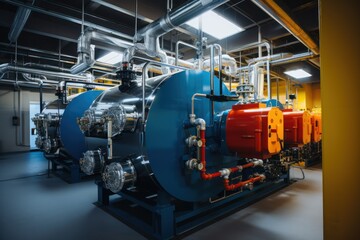 Fototapeta na wymiar Modern industrial gas boiler room equipped for heating. Heating gas boilers, pipelines, fittings. blue tinting