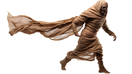 Studio shot portrait of walking scary mummy pose. halloween cosplay like a clamber acting. Isolated on Transparent background.