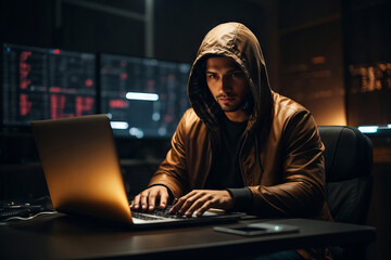 A brunette male hacker wearing a hooded jacket is working on a laptop. Hacking, computer games,...