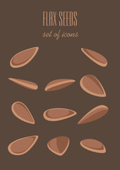 Collection of flax seeds icons. Vector illustration of organic superfood linseeds.