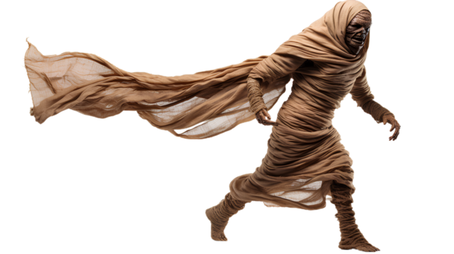 Studio shot portrait of walking scary mummy pose. halloween cosplay like a clamber acting. Isolated on Transparent background.