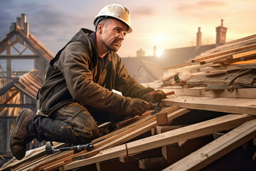 worker roofer builder working on roof structure on construction site. Construction Worker on Duty. Caucasian Contractor and the Wooden House Frame. Industrial Theme - obrazy, fototapety, plakaty