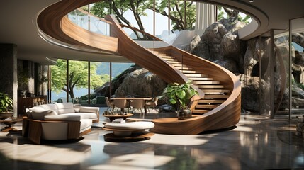 Close-Up of Wooden Stair Winders with Granite Base in Afternoon Light, Enhanced by Tropical Tree and Polished Concrete Wall, Modern Interior Design, Urban Elegance, Contemporary Style, Luxury Décor
 - obrazy, fototapety, plakaty