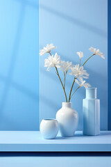 minimalistic texture with vase and flower. white and blue in an abstract interior. matte, pastel background.