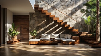 Close-Up of Wooden Stair Winders with Granite Base in Afternoon Light, Enhanced by Tropical Tree and Polished Concrete Wall, Modern Interior Design, Urban Elegance, Contemporary Style, Luxury Décor
