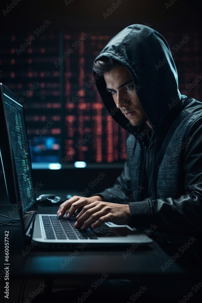 Poster professional it specialist using device in office. hacking, computer games, modern technology, ntern