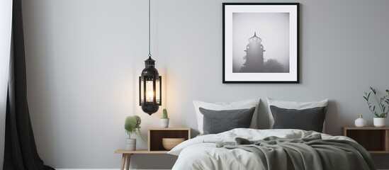 A monochromatic poster on the headboard of a plain bedroom accompanied by a lantern on a bedside...