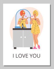 Woman in towel opposite the mirror imagines herself as a queen in luxurious outfit and crown, vector I love you poster