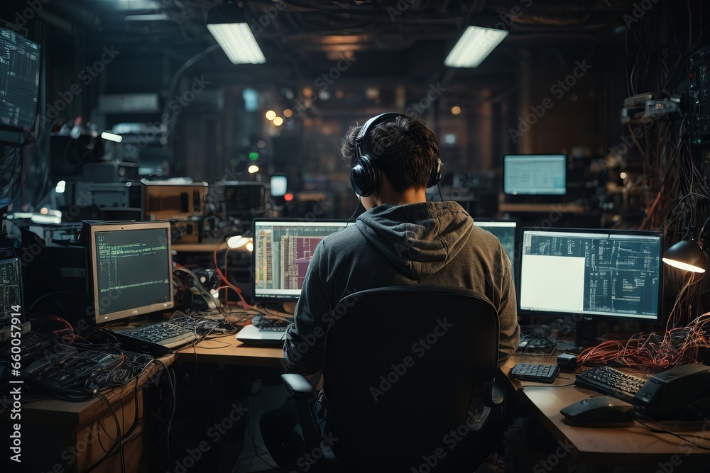 Poster Man hacker putting on a hoodie and headphones sitting in front of multiple computer screens. Rear view. Cybercrime, illegal actions