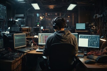 Man hacker putting on a hoodie and headphones sitting in front of multiple computer screens. Rear...
