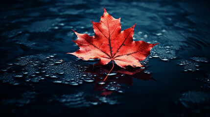 Autumn maple leaf on water surface with ripples. Copy space.